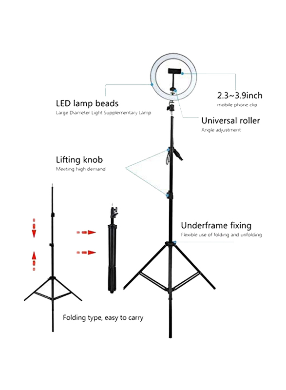 UK Plus 10 inch Selfie Ring Light with Tripod Stand for Smartphones, 160cm, Black