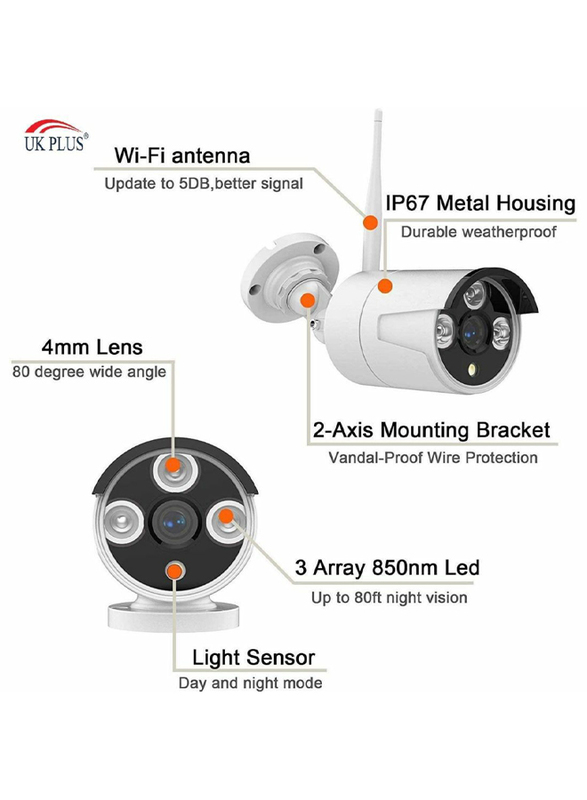 UK Plus DIY 1080P 4CH Wireless Home & Office Security Surveillance Camera Set, with NVR Full HD 4 Bullet Camera, White