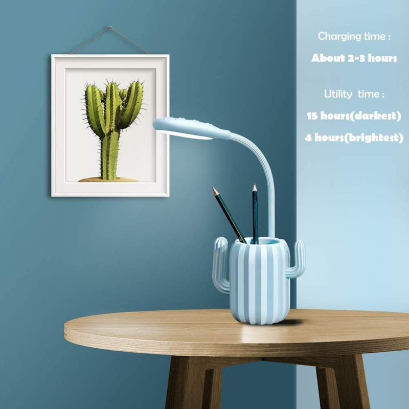 UK Plus Cactus USB Rechargeable LED Reading Light with Stationery Holder, Blue