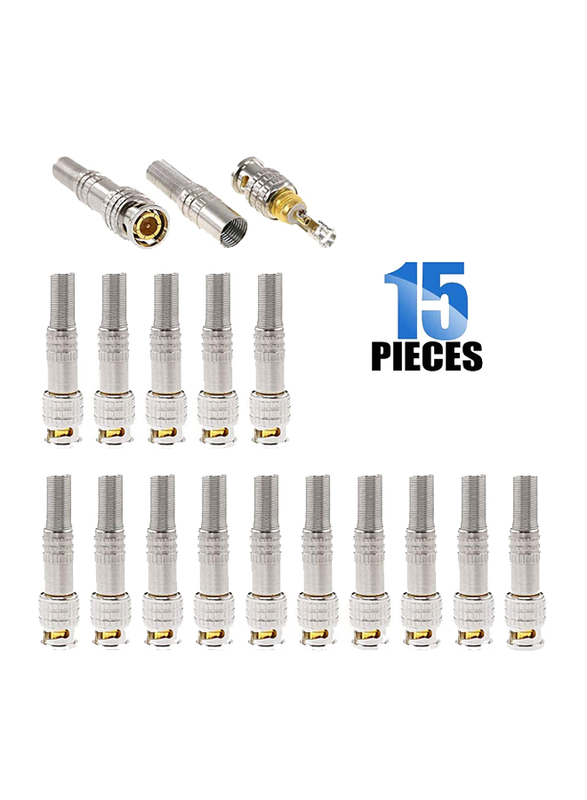 

UK Plus BNC Male Coaxial Connectors, RG59 RG6 Coaxial Terminal Gold-Plated Screw on Brass Adapter, 15 Pieces, Silver