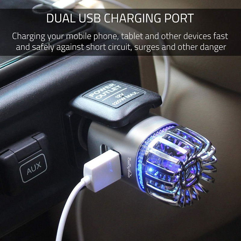 UK Plus Car Air Purifier, Ionizer Deodorizer and Ionic Air Freshener with Dual USB Charger Portable Travel Charger for Automobile, Silver/Black