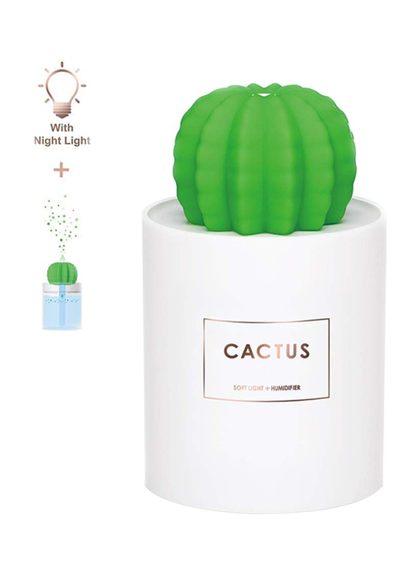 UK Plus USB Aroma Mini Size Cactus Humidifier, 280ml, with Night Light, White/Green