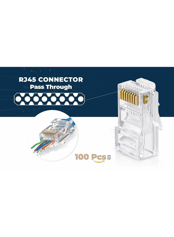 UK Plus RJ45 Cat-6 Pass Through Connectors EZ Crimp Connector UTP Network Plug for Unshielded Twisted Pair Solid Wire & Standard Cables Transparent Passthrough Ethernet Insert, 100 Pieces, Clear