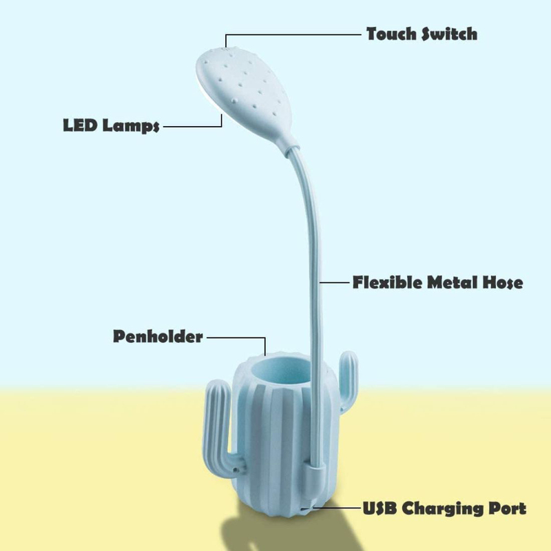 UK Plus Cactus USB Rechargeable LED Reading Light with Stationery Holder, Blue