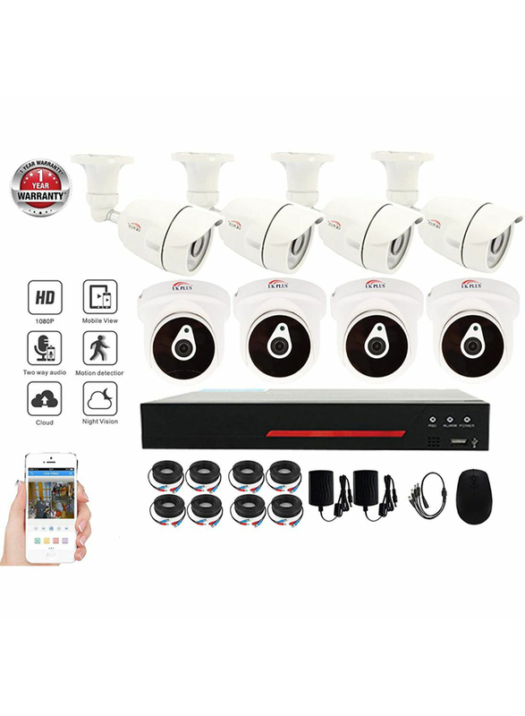 UK Plus DIY 1080P 8CH Home & Office Surveillance Security CCTV AHD Camera Kit, with 4 Bullet for Outdoor and 4 Dome for Indoor, 2MP, White
