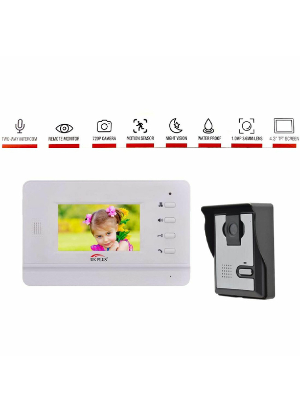 UK Plus Access Smart Video Doorbell, Home & Office Smart Intercom HD Camera with HD 4.3 inch Screen with Two-Way Talk & Video, Black/White