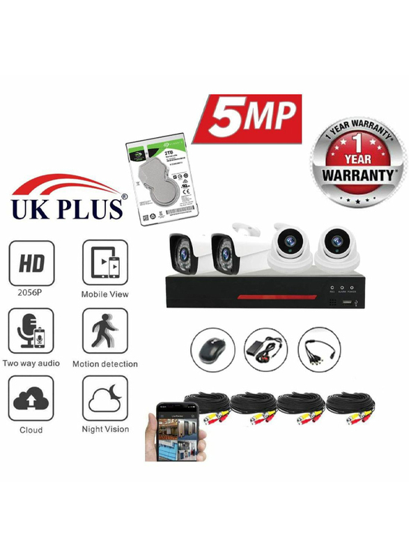 UK Plus 5MP 2056P DIY 4CH Home & Office Security Surveillance Camera, with 2TB Hard Drive DVR Full HD 2 Dome Camera Kit, Black