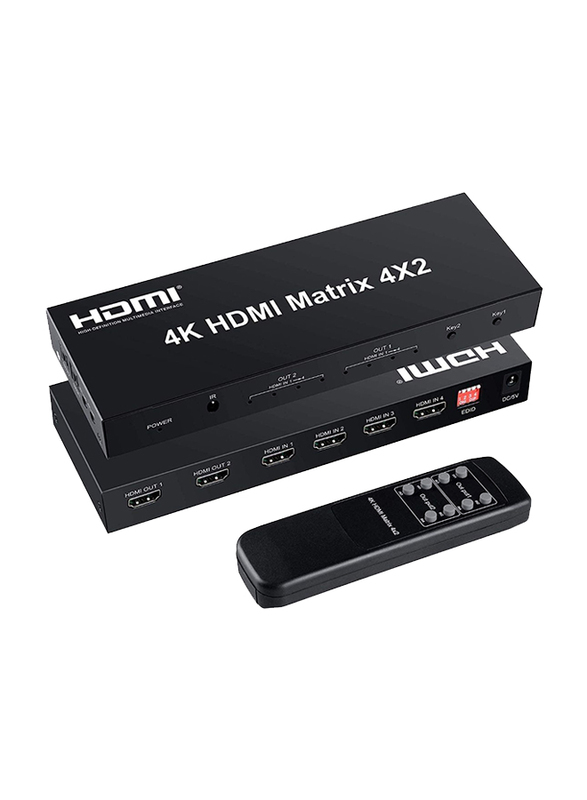 UK Plus 4x2 HDMI Matrix Switch, 4-in-2 Out Matrix HDMI Video Switcher Splitter with Optical and L/R Audio Output Support, Black