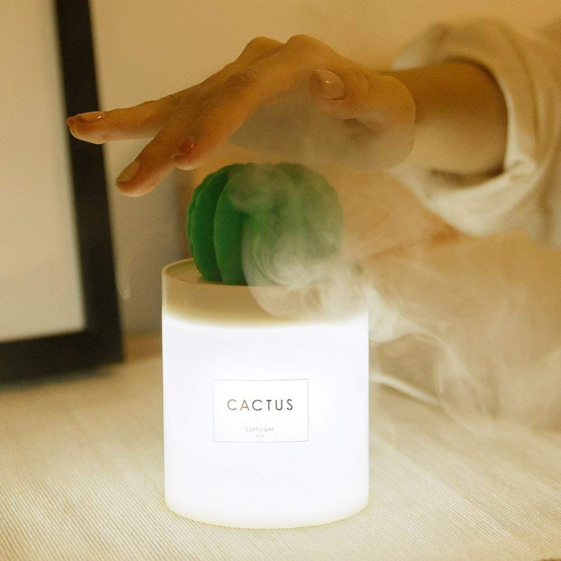 UK Plus USB Aroma Mini Size Cactus Humidifier, 280ml, with Night Light, White/Green