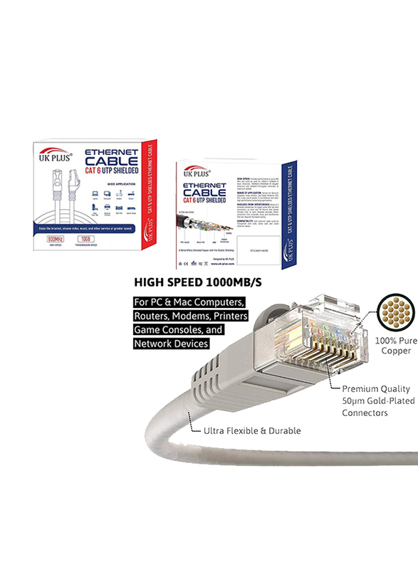 UK Plus 3-Meter Ethernet LAN Network RJ45 Cable, RJ45 Male to RJ45, CAT-6, High-Speed Transmission for Routers/Switches/Hubs/Network Printers and Game Boxes, White