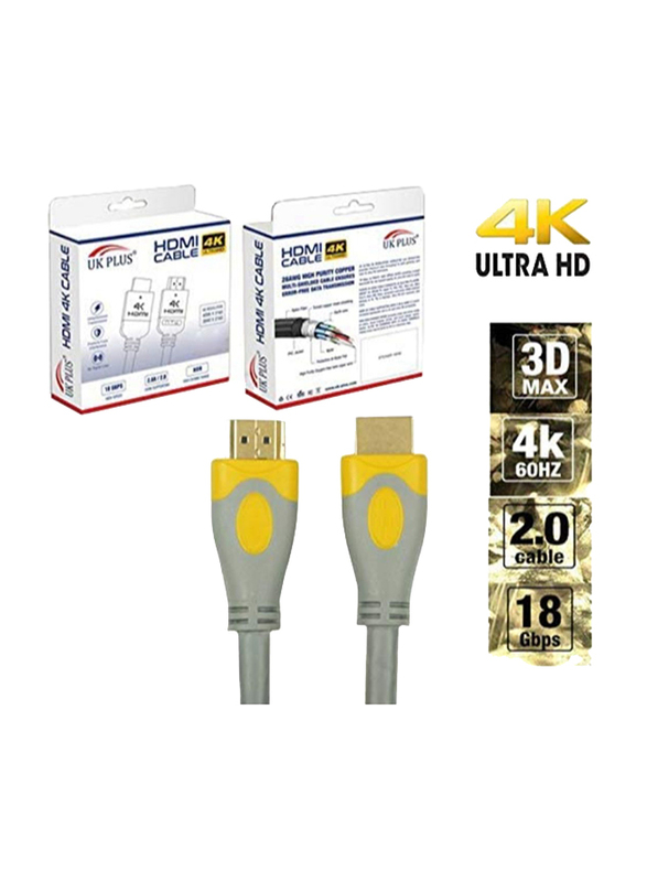 UK Plus 10-Meter 4K HDMI Cable, HDMI Male to HDMI for UHD TV/Blu-Ray/Xbox/PS4/PS3/PC, Grey/Yellow