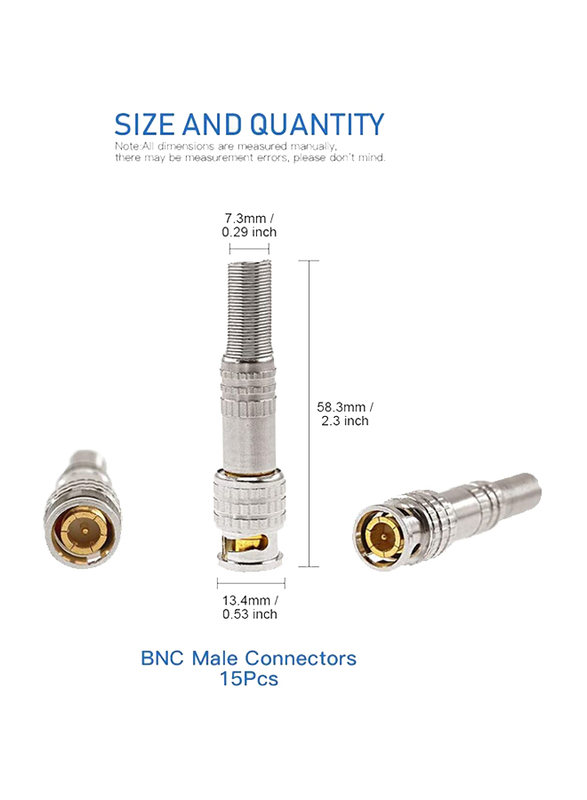 UK Plus BNC Male Coaxial Connectors, RG59 RG6 Coaxial Terminal Gold-Plated Screw on Brass Adapter, 15 Pieces, Silver