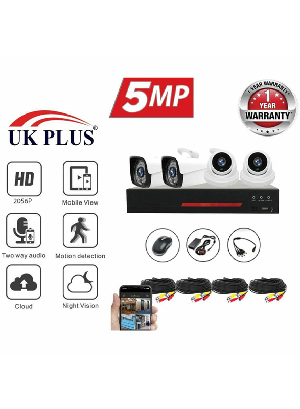 UK Plus 5MP 2056P DIY 4CH Home & Office Security Surveillance Camera, with DVR Full HD 2 Dome Camera Kit, Black