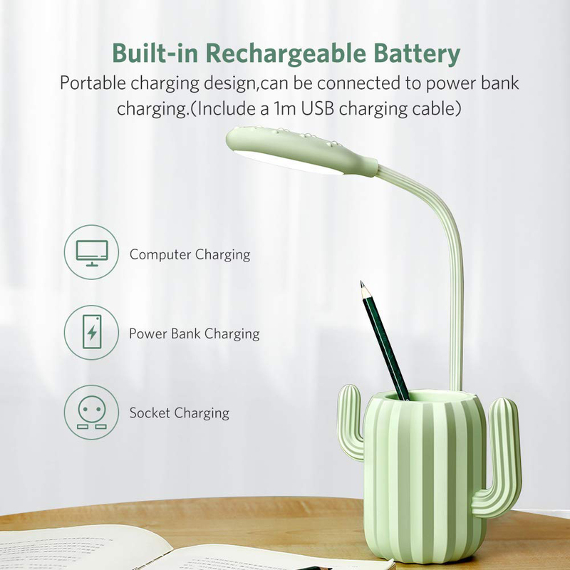 UK Plus Cactus USB Rechargeable LED Reading Light with Stationery Holder, Green