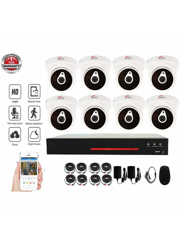 UK Plus DIY 1080P 8CH Home & Office Surveillance Security CCTV AHD Camera Kit, with 8 Dome for Indoor, 2MP, White