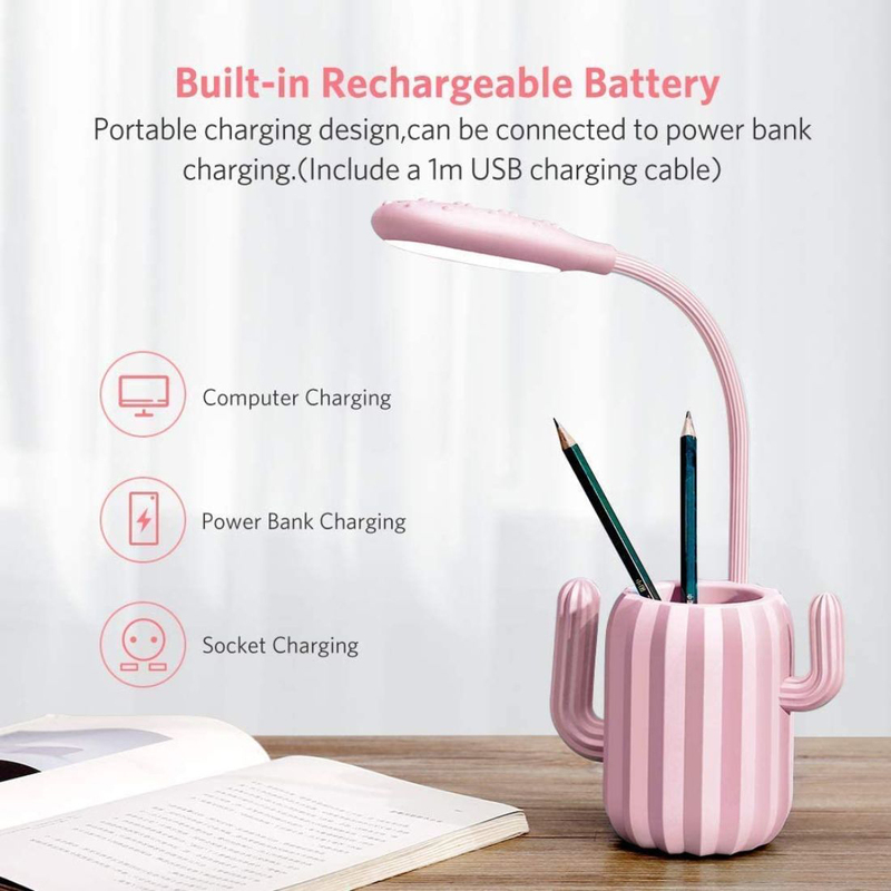 UK Plus Cactus USB Rechargeable LED Reading Light with Stationery Holder, Pink