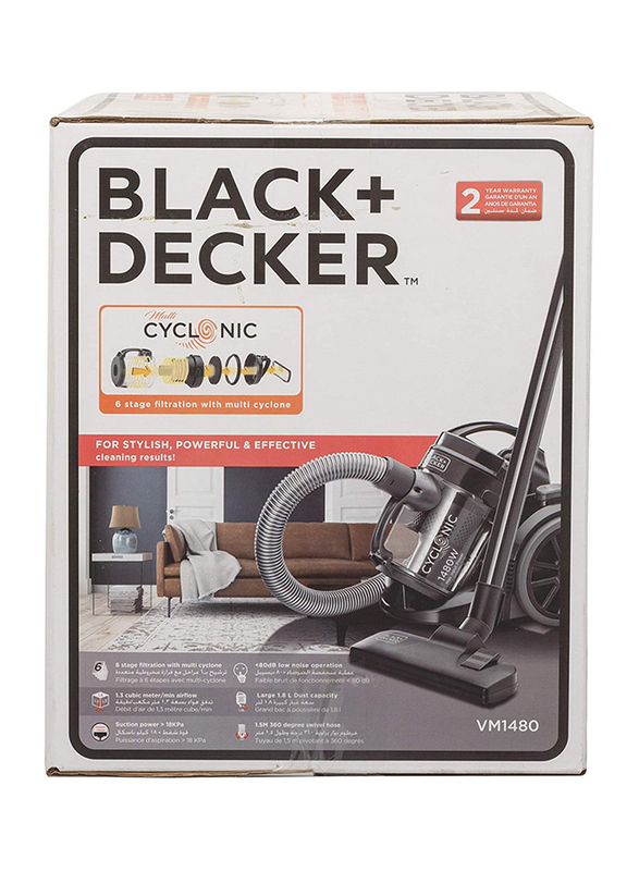 Black+Decker Cyclonic Canister Vacuum Cleaner, 2.5L, VM1480, Black