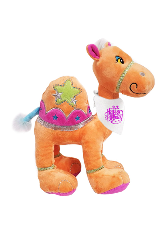 

Caravaan Cuddly Camel Orange, with Cream Bandana, with Pink Happy Birthday Print, 25cm, Ages 3+