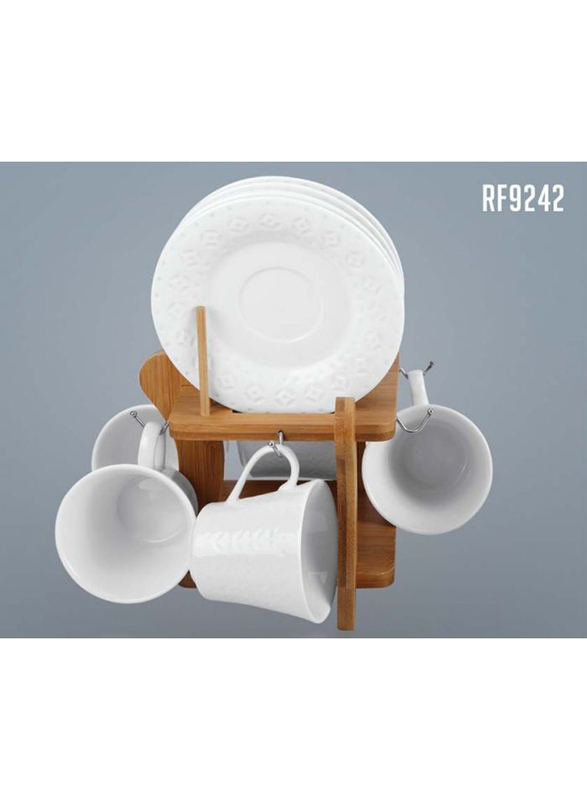 

RoyalFord 12-Pieces Porcelain Cup & Saucer Set with Wooden Stand, RF9242, White
