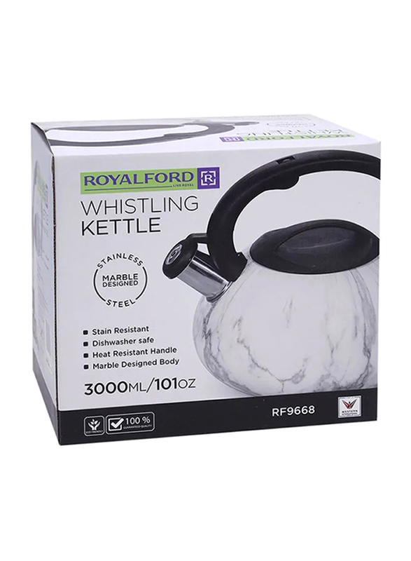 RoyalFord 3.0L Marble Design Stainless Steel Whistling Kettle, RF9668, Black/White