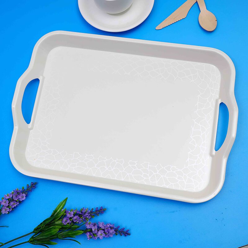 Royalford 15-inch Classic Design Melamine Rectangular Handle Tray, RF5064, White Pearl