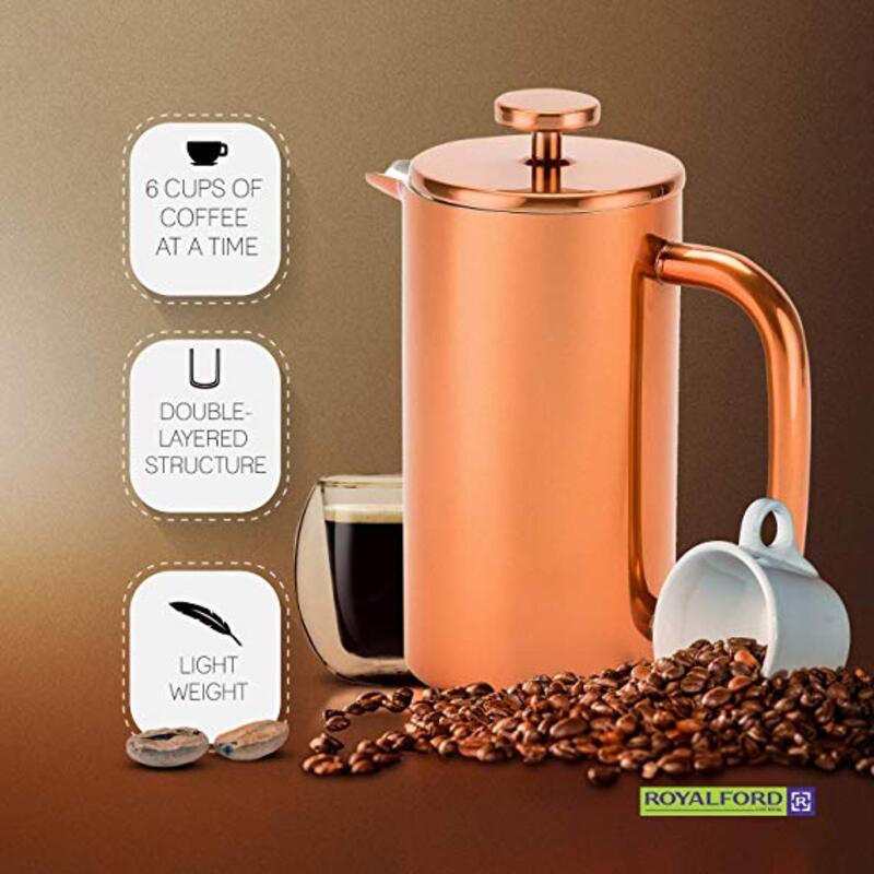 RoyalFord 800ml Double Wall Stainless Steel French Press Coffee Maker, RFU9017, Rose Gold