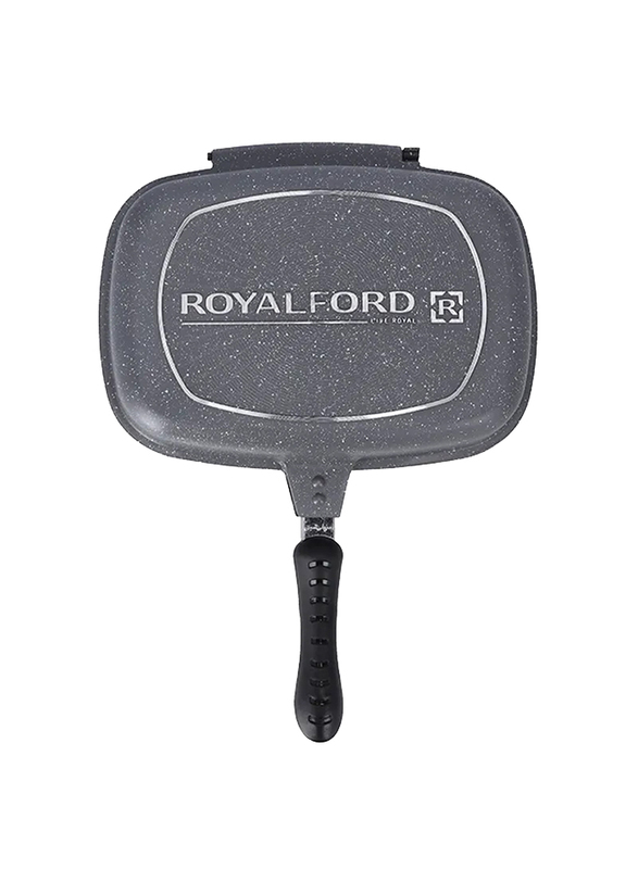 RoyalFord 32cm Aluminium Double Side Granite Square Grill Pan, RF9999, Grey/Black