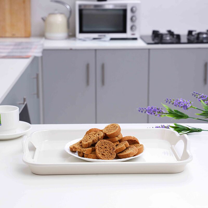 Royalford 15-inch Classic Design Melamine Rectangular Handle Tray, RF5064, White Pearl
