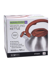 RoyalFord 3 Liters Stainless Steel Whistling Kettle, Silver/Brown
