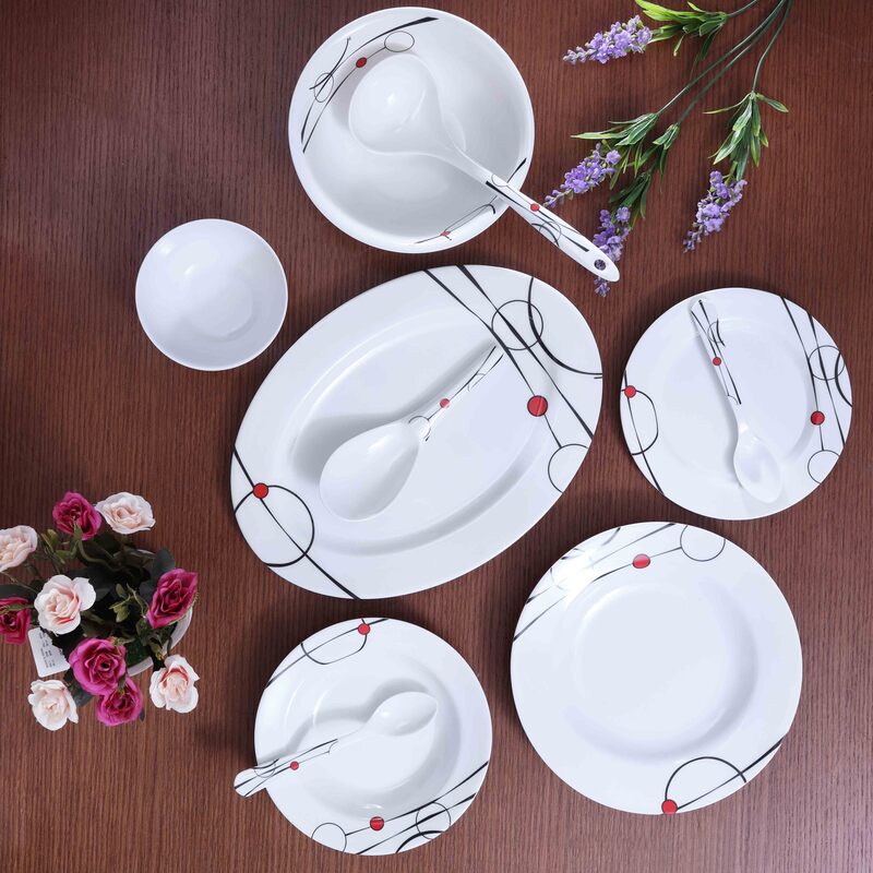 Royalford 45-Piece Attractive Floral Design Melamine Ware Dinnerware Set, RF6719, White