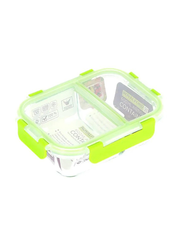 RoyalFord Brs 2 Compartment Rectangle Food Container, 600ml, Clear/Green