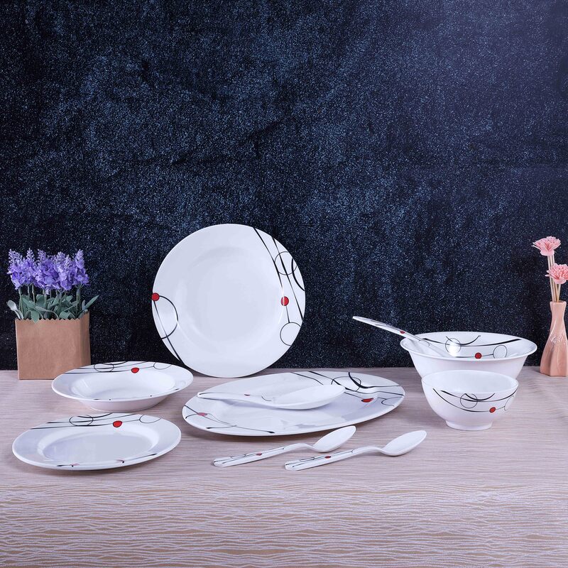 Royalford 45-Piece Attractive Floral Design Melamine Ware Dinnerware Set, RF6719, White