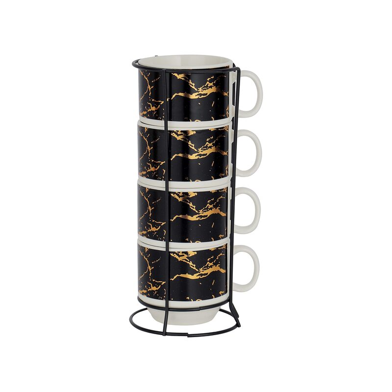 

Royalford 200ml 4-Piece Fine Bone Cup with Stand, Black/Gold