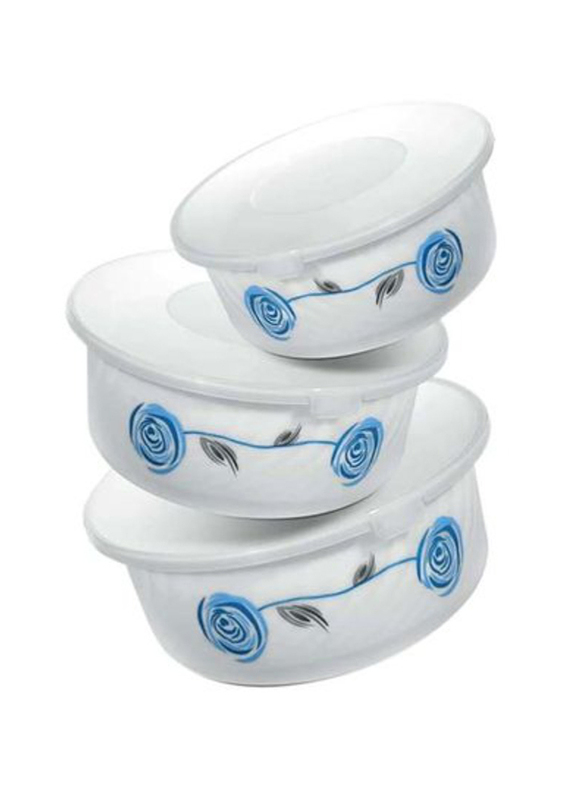 

RoyalFord 3-Piece 0.57 + 1.0+ 1.45 Ltr Opal Ware Bowl with Lid Set, RF9831, White/Blue