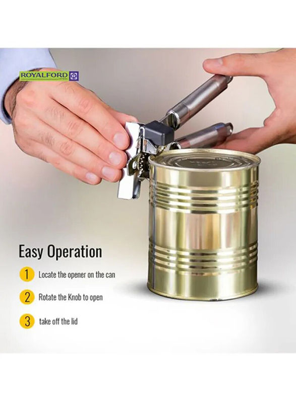 RoyalFord 25cm Can Opener with Stainless Steel Tube Handle, Silver