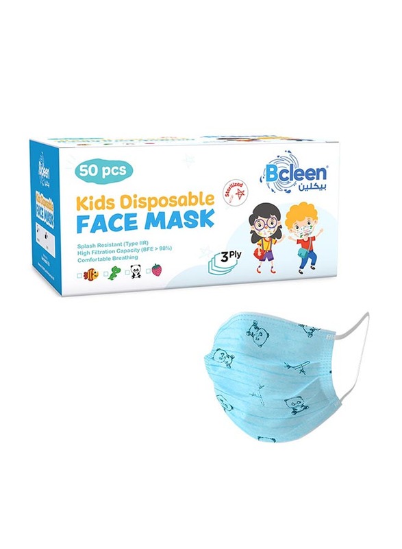 

Bcleen 3-Ply Panda Printed Disposable Face Mask for Kids, Blue, 50 Pieces