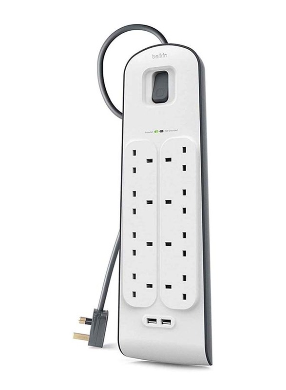 

Belkin 8 Way Surge Protection Strip Heavy Duty Electrical Extension Socket with 2 x 2.4 A Shared USB Ports & 2 Meter Cable, White