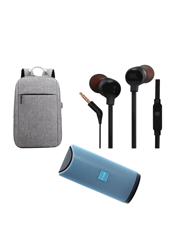 V-Walk Anti-Theft Backpack Laptop Bag with USB Charging Port/Bluetooth Speaker and JBL Tune 110 Earphones(9mm Driver), Black/Grey/Blue