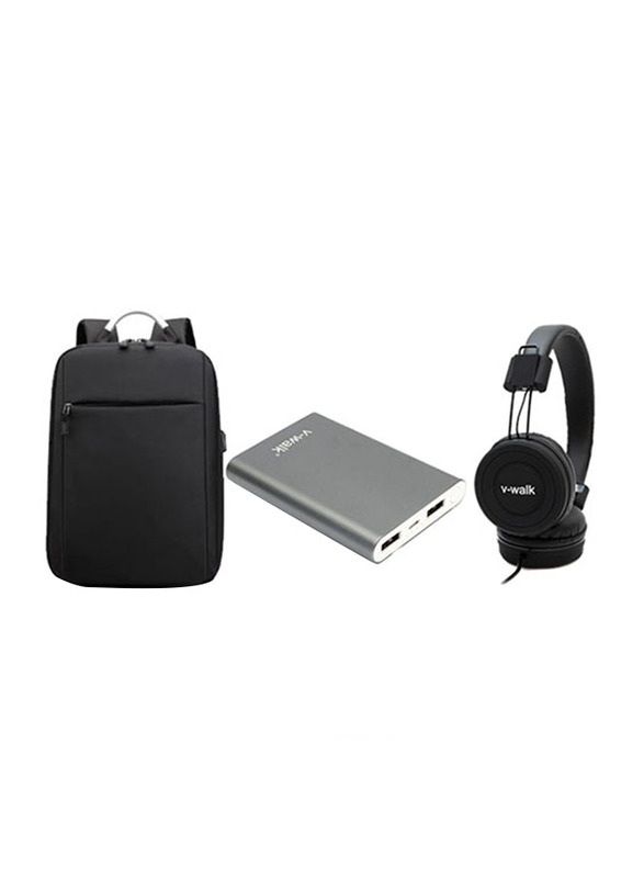 V-Walk Anti-Theft Backpack Laptop Bag with USB Charging Port/HT-K3 5000mAH Power Bank/VWH-02 Wired Headphone, Black/Grey