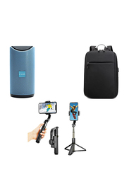 V-Walk Anti-Theft Backpack Laptop Bag with USB Charging Port/VS-01BT Bluetooth Speaker/Gimbal L08 Handheld Wireless Selfie Stick, Black/Blue