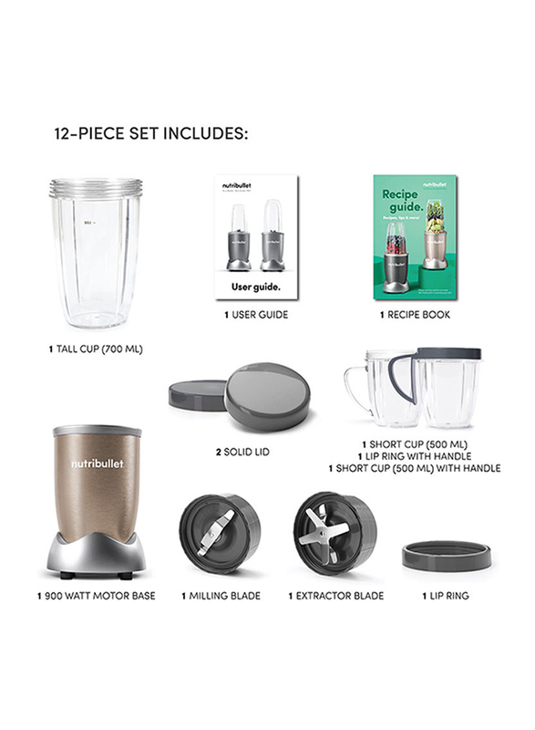 Nutribullet Pro Series 12-Piece 900ml Electric Stainless Steel/Plastic Blender Set, 900W, NB9-1212, Copper/Clear