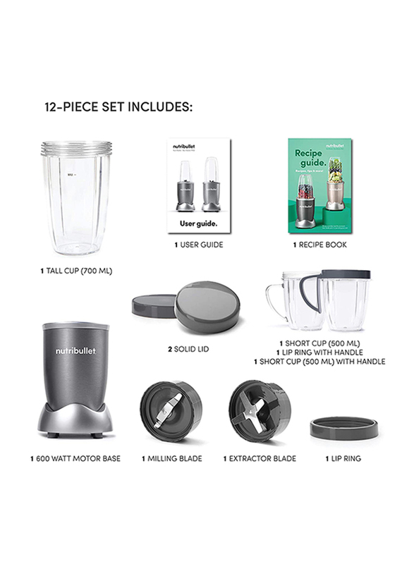 Nutribullet 12-Piece 680ml Electric Stainless Steel/Plastic Blender Set, 600W, NBR-1212M, Grey