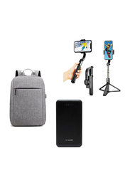 V-Walk Anti-Theft Backpack Laptop Bag with USB Charging Port/HT-A10 10000mAH Power Bank/Gimbal L08 Handheld Wireless Selfie Stick, Black/Grey