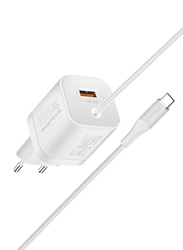Promate USB-C EU Wall Charger, Premium 33W Adapter with 22.5W Quick Charge 3.0 Port, In-Built 1.5M Type-C Cable, PowerPort-PDQC3 EU, White