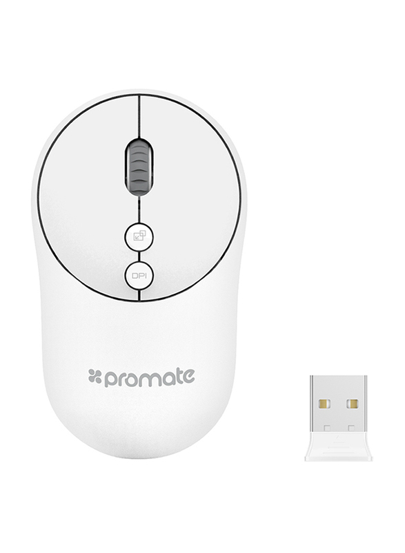 Promate CLIX-2 2.4Ghz Wireless Mouse, USB Adapter, One-Touch Show Desktop for Windows, White