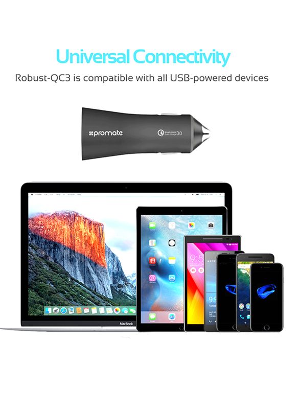 Promate Robust-QC3 Car Charger, Heavy-Duty Qualcomm Quick Charger 3.0 Dual USB Port Car Charger with Short Circuit and Over Charging Protection for GPS, iPod, Mobile Phones and Tablets, Black