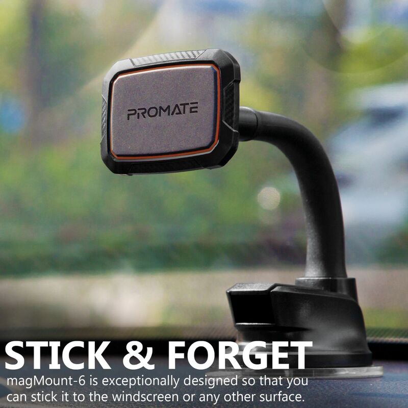 Promate MagMount Magnetic Car Mount Holder, Universal 360 Rotation Windshield or Dashboard Suction Cup Phone holder with 6 Strong Magnetic, Flexible Gooseneck and Anti-Slip Grip, Maroon