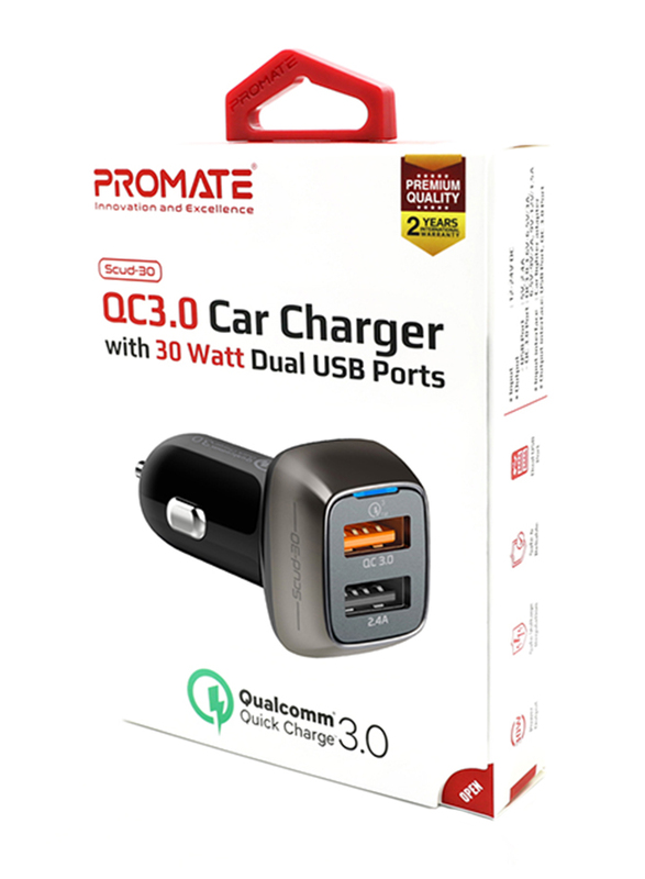 Promate Scud-30 Qualcomm Car Charger, Fast Charging 30W 2.4A Cigarette Lighter Power Outlet with Quick Charge 3.0 USB Port and Over-Charging Protection for iPad, GPS, Mobile Phones and Tablets, Black