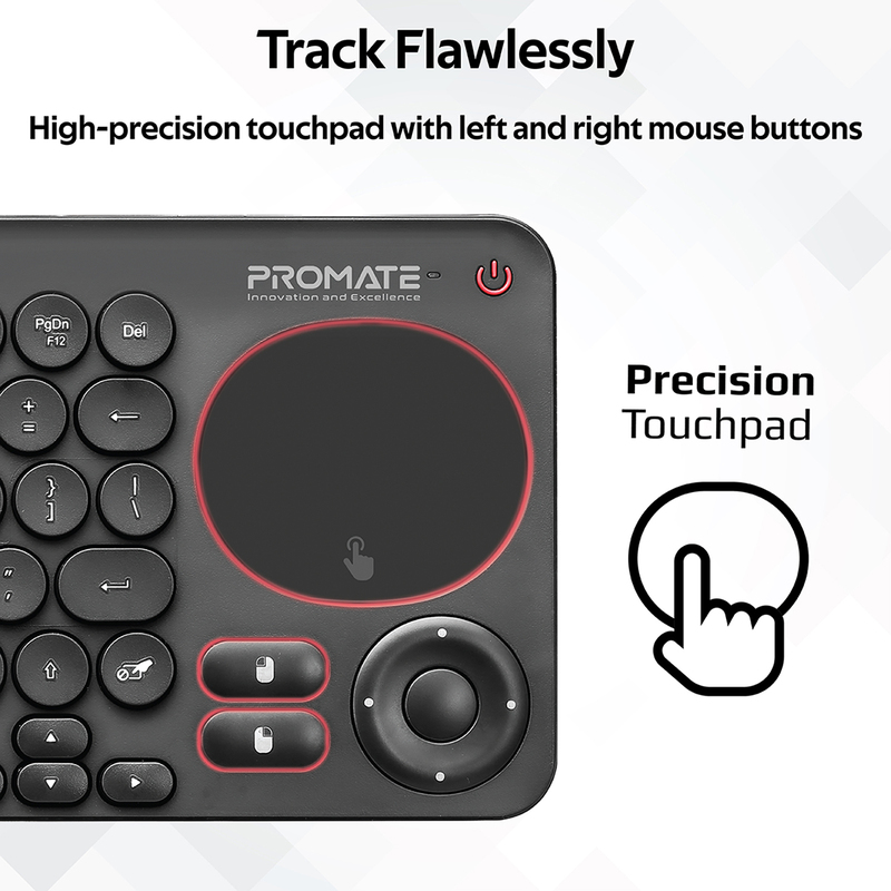 Promate Keypad-1 Bluetooth English/Arabic Keyboard with Built-In Touchpad Mouse, All-In-One 2.4GHz v5.0 Multimedia with Precision Tracking, Black