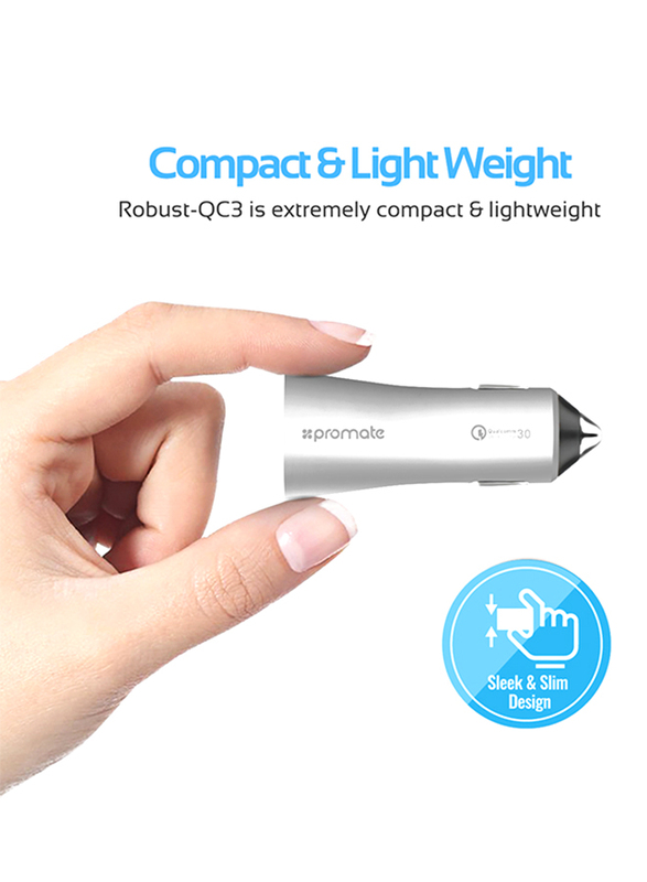 Promate Robust-QC3 Car Charger, Heavy-Duty Qualcomm Quick Charger 3.0 Dual USB Port Car Charger with Short Circuit and Over Charging Protection for GPS, iPod, Mobile Phones and Tablets, Silver